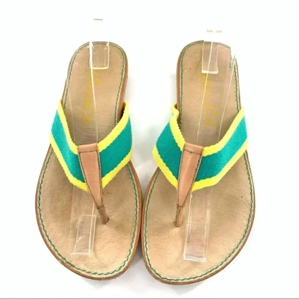 Splendid womens sandals sz 8 green yellow canvas retro beach preppy flip flops